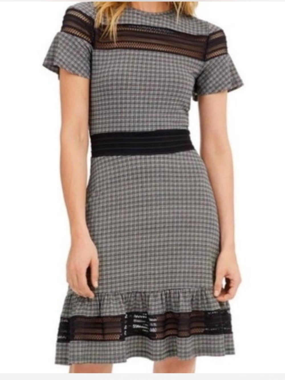 Michael Kors Black & White Houndstooth Ruffle Hem Dress Sz Petite Small NWT